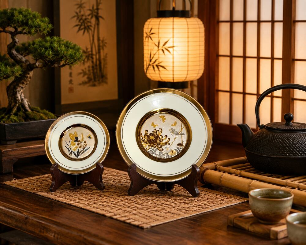 Vintage Art of Chokin Japanese Decorative Plate Set Bird & Floral Gold